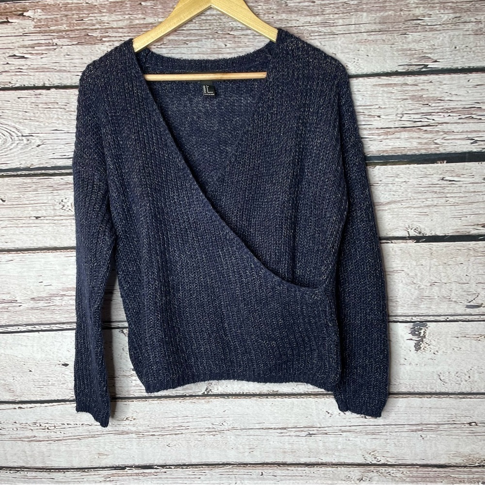 Forever 21 Faux Wrap Dark Blue Sweater Size Small‎ V-Neck Chunky Knit Pullover